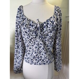 NWT Stitch Fix Lush Ivory Blue Floral Blouse Top Sz L Long Sleeve Ruched Front